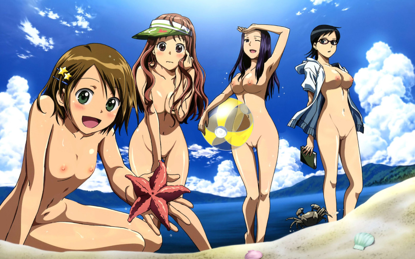 4girls akeno_mihoshi beach beach_ball black_hair blue_sky book breasts brown_hair clouds crab female glasses green_eyes hairclip highres kotozuka_fumie makita_hime multiple_girls nude nude_filter ocean outdoors photoshop purple_hair sora_no_manimani starfish uncensored undressing visor water yarai_sayo