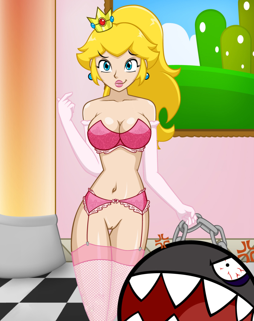 blonde_hair blue_eyes chain_chomp crown earrings elbow_gloves garter_belt garters inviting lingerie mario_(series) mr._j nintendo photoshop ponytail princess_peach super_mario_64 tied_hair