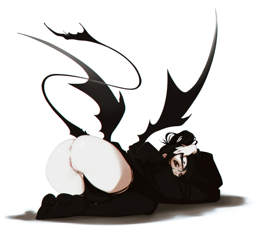 anus ass bent_over black_eyes black_eyeshadow black_hair black_hoodie black_tail black_thighhighs black_wings clitoris_piercing demon_girl demon_tail demon_wings eyeshadow female hand_on_own_head head_on_arm head_rest highres hood hoodie host_(obj_shep) kneeling long_hair makeup naked_hoodie non-web_source obj_shep original pale_skin piercing pussy pussy_piercing shadow simple_background solo straight_hair tail thighhighs top-down_bottom-up torn_clothes torn_thighhighs variant_set white_background wings