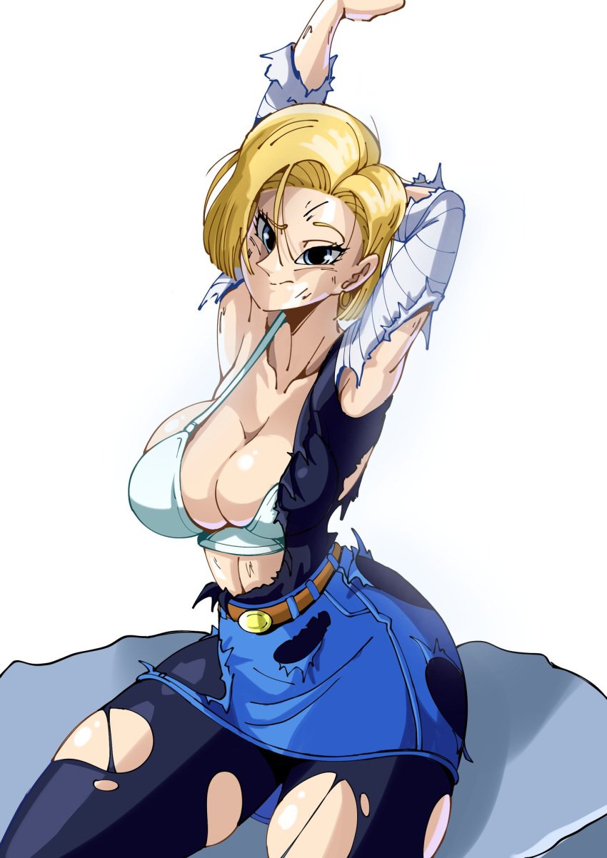 android_18 bra dragon_ball dragon_ball_z rebut_art ripped_clothing ripped_clothing ripped_pants ripped_shirt showing_breasts