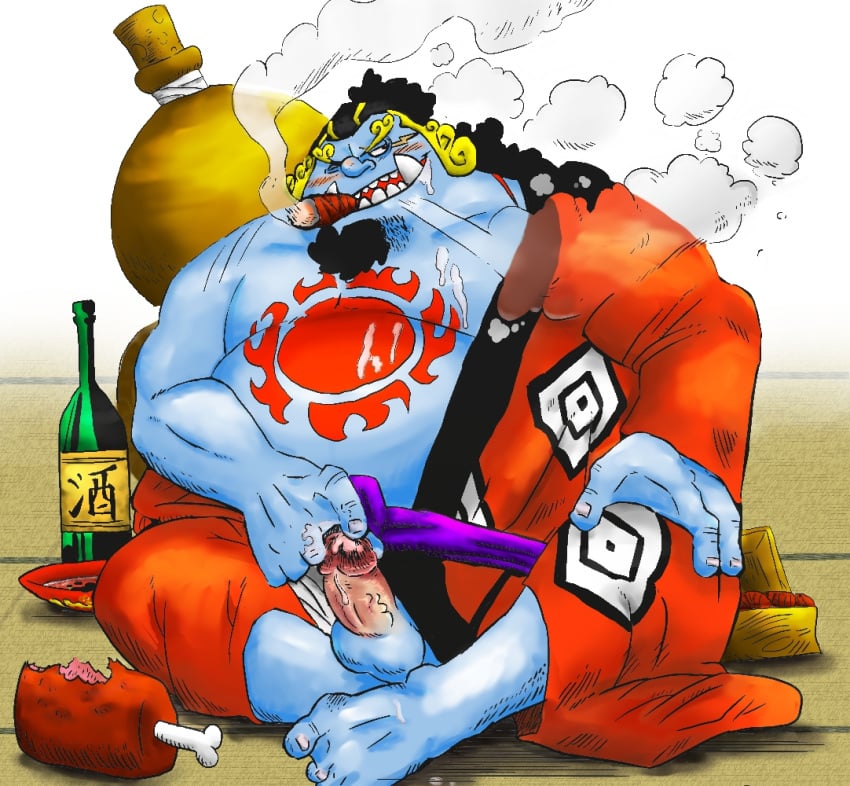 anthro balls blue_body blue_skin blush boner cigar clothing erection facial_hair fish-men_(one_piece) flamingbeaver jinbe male male_only one_eye_closed one_piece overweight penis sitting solo solo_male