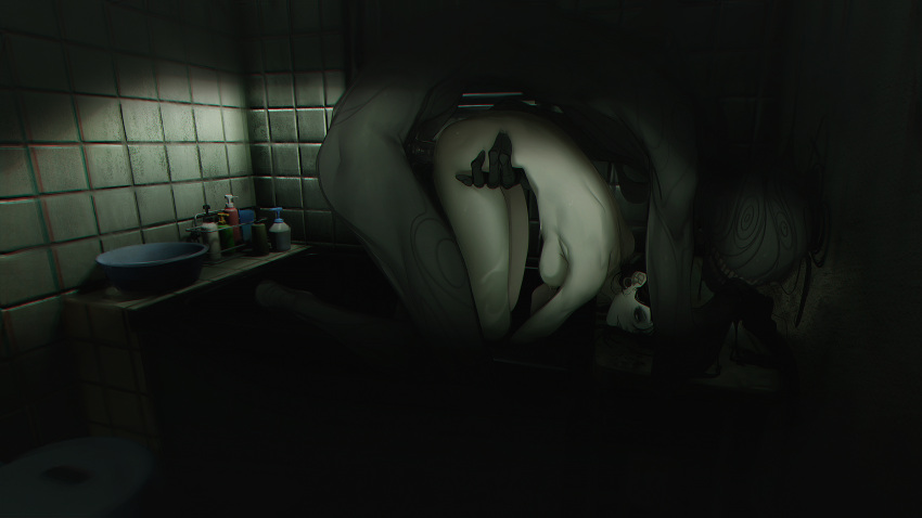 1boy 3d_background bathroom bent_over black_hair breasts completely_nude dark earrings erection eyeshadow faceless female ghost hand_on_another's_waist hanging_breasts head_on_table highres horror_(theme) host_(obj_shep) indoors jewelry kneeling makeup medium_breasts monster non-web_source nude obj_shep original sex size_difference straight stud_earrings teeth tile_wall tiles