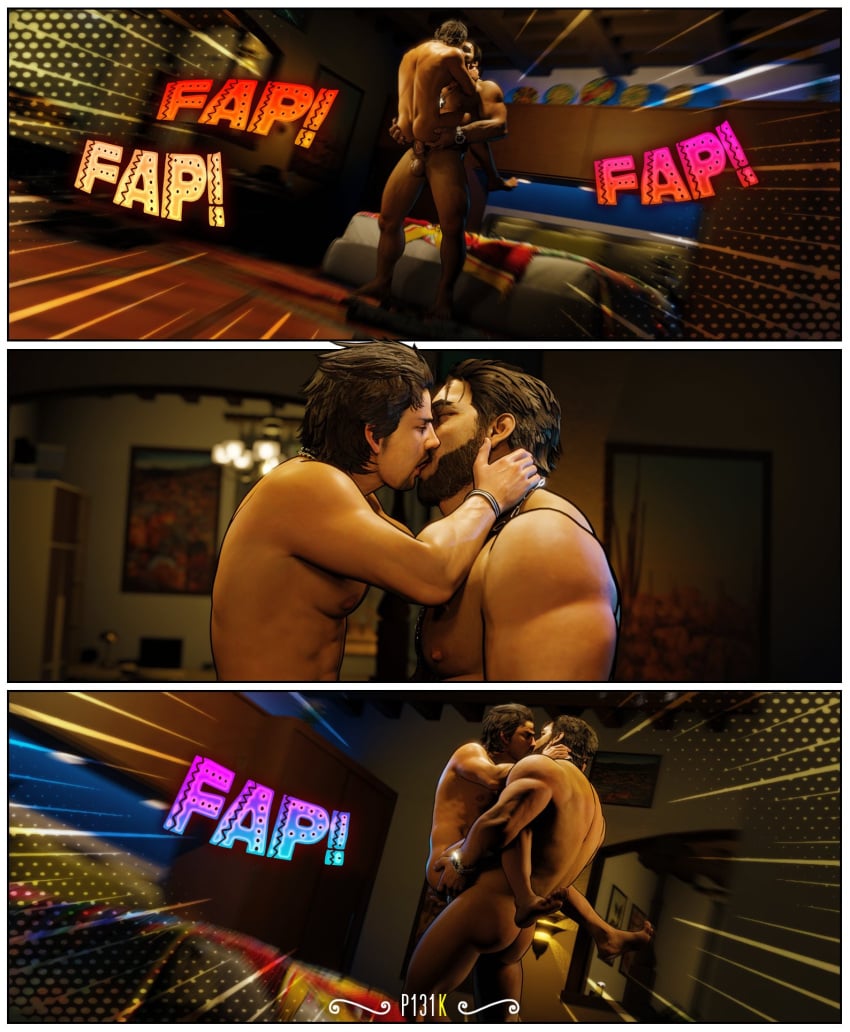 2boys 3d anal bara beard bed bedroom brown_hair comic daemoncollection el_blaze gay king_(tekken) kissing lifting male_only muscle namco namco_bandai nude sega tekken tekken_3 virtua_fighter virtua_fighter_5 yaoi