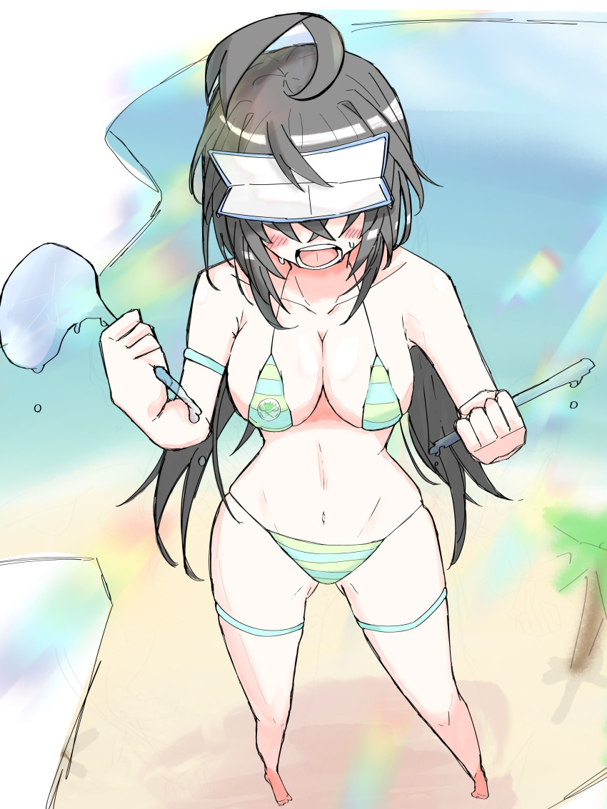 barefoot beach bikini broken_weapon duel_masters full_body golf_club high-angle_view holding_object holding_weapon ice icing_faerie large_breasts melted melting shocked slender_waist standing summer sweat swimsuit