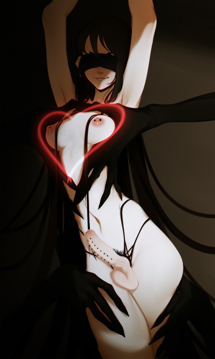 1futa absurdres arms_up balls black_blindfold black_eyes black_eyeshadow black_hair blindfold breasts completely_nude crossed_legs disembodied_limb erection eyeshadow feet_out_of_frame female female_pubic_hair futa_only futanari half-closed_eyes heart highres horror_(theme) host_(obj_shep) human jacob's_ladder long_hair looking_at_viewer makeup navel nipple_bar nipple_piercing nipples non-web_source nude obj_shep on_back original pale-skinned_futanari pale_skin penis penis_piercing piercing pubic_hair simple_background skinny small_breasts smile smooth_balls smooth_penis smooth_skin solo sparse_pubic_hair standing straight_hair testicles very_long_hair