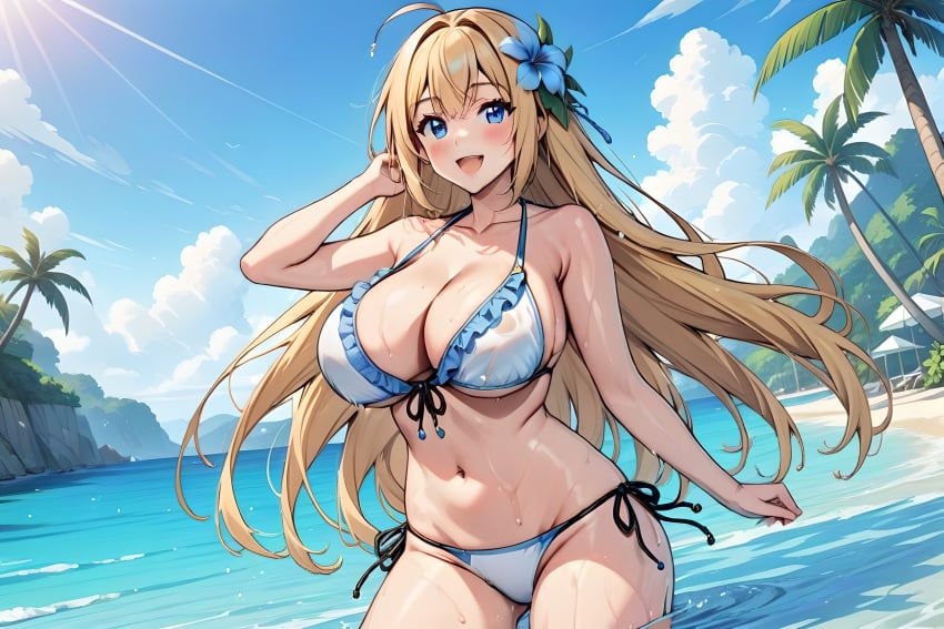 1girls ai_generated battle_spirits beach big_breasts bikini bikini_bottom bikini_top blonde_hair blush cleavage large_breasts open_mouth tagme thighs white_bikini