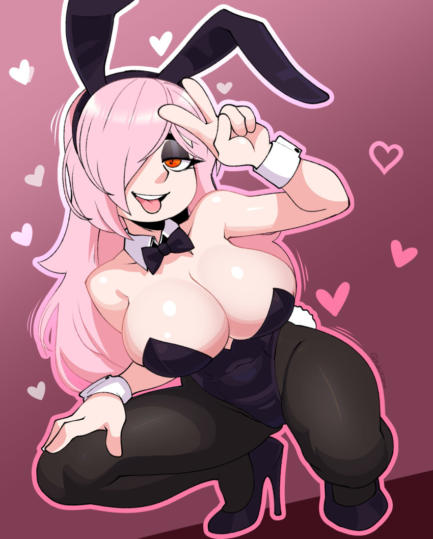 big_breasts bowtie bunny_tail bunnysuit exposed_shoulders gradient_background hearts_around_body high_heels hispanic_virtual_youtuber kohiitiimo latam_virtual_youtuber long_hair neneefthy pink_hair red_eyes stockings thick_thighs virtual_youtuber vtuber vtuberfanart