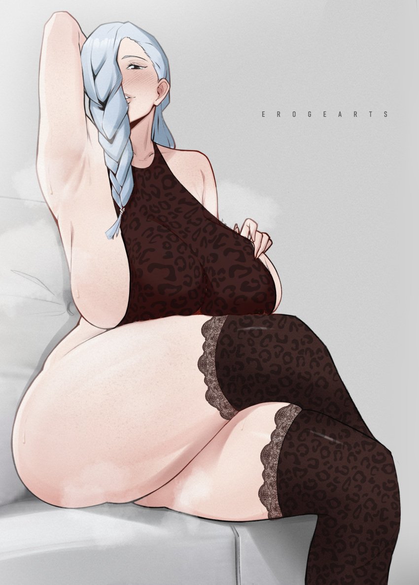 absurdres animal_print arm_behind_head armpits assertive_female bare_shoulders blue_hair blush breasts collarbone couch crossed_legs erogearts feet_out_of_frame female female_pervert grey_background hair_over_one_eye hand_on_own_chest highres jujutsu_kaisen large_breasts leopard_print leotard long_hair looking_at_viewer mature_female mei_mei_(jujutsu_kaisen) pervert plump sideboob simple_background sitting solo steam steaming_body sweat thick_thighs thighhighs thighs