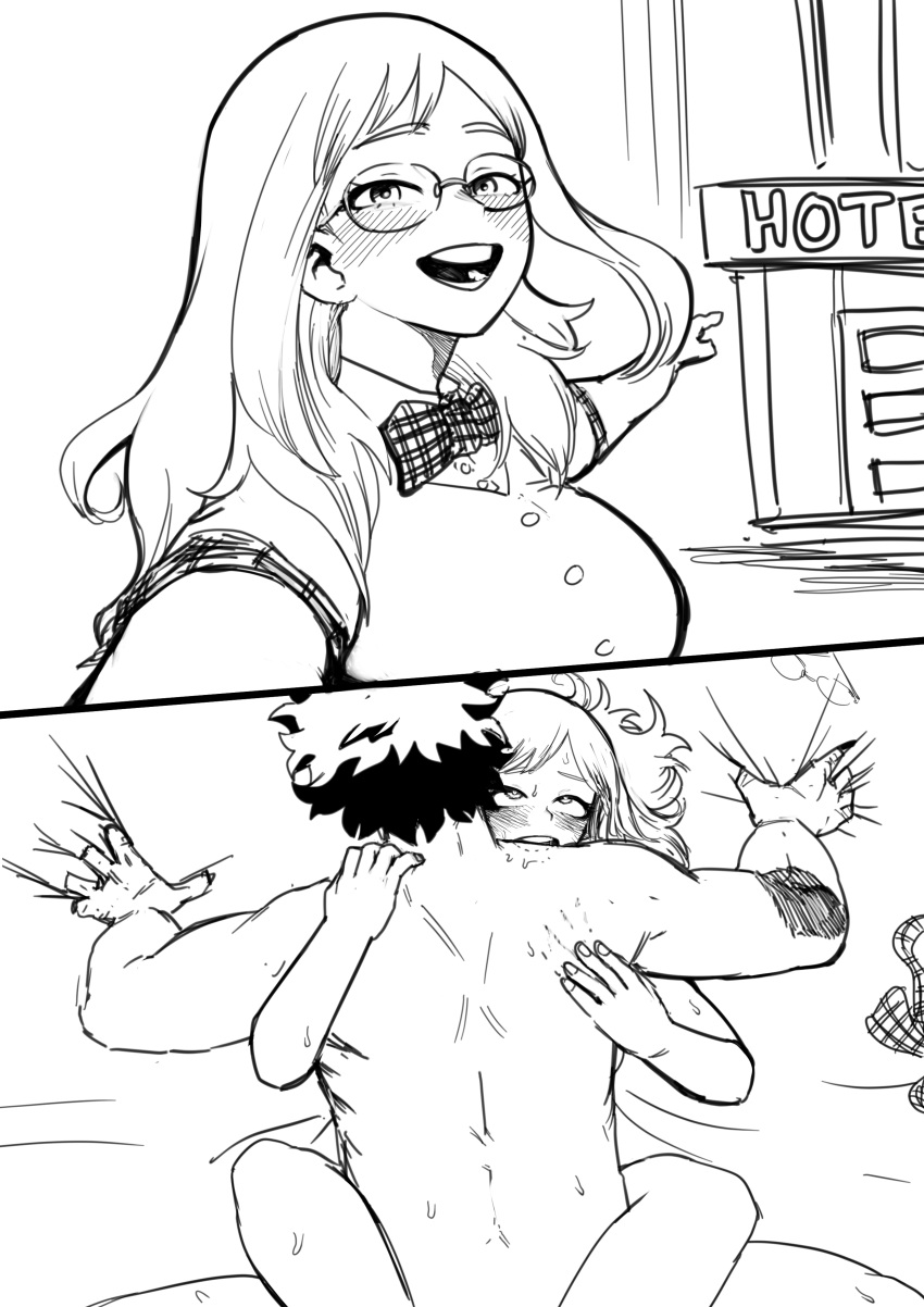 1boy 1girls 2_panel_comic 2koma ahe_gao amano44 ambiguous_penetration black_and_white blush boku_no_hero_academia breasts clothes comic comic_page couple couple_(romantic) curvy curvy_female deku female glasses heterosexual hotel izuku_midoriya light-skinned_female light-skinned_male light_skin long_hair male male/female melissa_shield monochrome muscular muscular_male my_hero_academia romantic romantic_couple romantic_sex scar short_hair shounen_jump straight