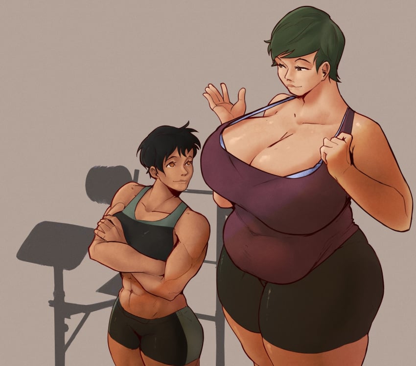 2girls belly big_breasts breasts cantankeravian chubby chubby_female multiple_girls muscular muscular_female tan_body thighs