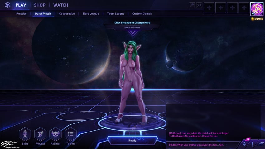 1girls 3d big_breasts blizzard_entertainment bluegirl91 green_hair heroes_of_the_storm high_heels night_elf nude purple_skin pussy tyrande_whisperwind warcraft world_of_warcraft