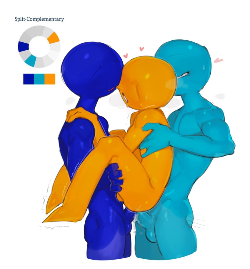 3boys blue_skin blush carrying carrying_another carrying_partner carrying_position color_theory cum cum_in_ass cum_inside cyan_skin dark_blue_skin double_anal gay gay_sex hugging kogito male_only no_eyes orange_skin penis rubbing shaking shaking_legs threesome toony toony_face yaoi