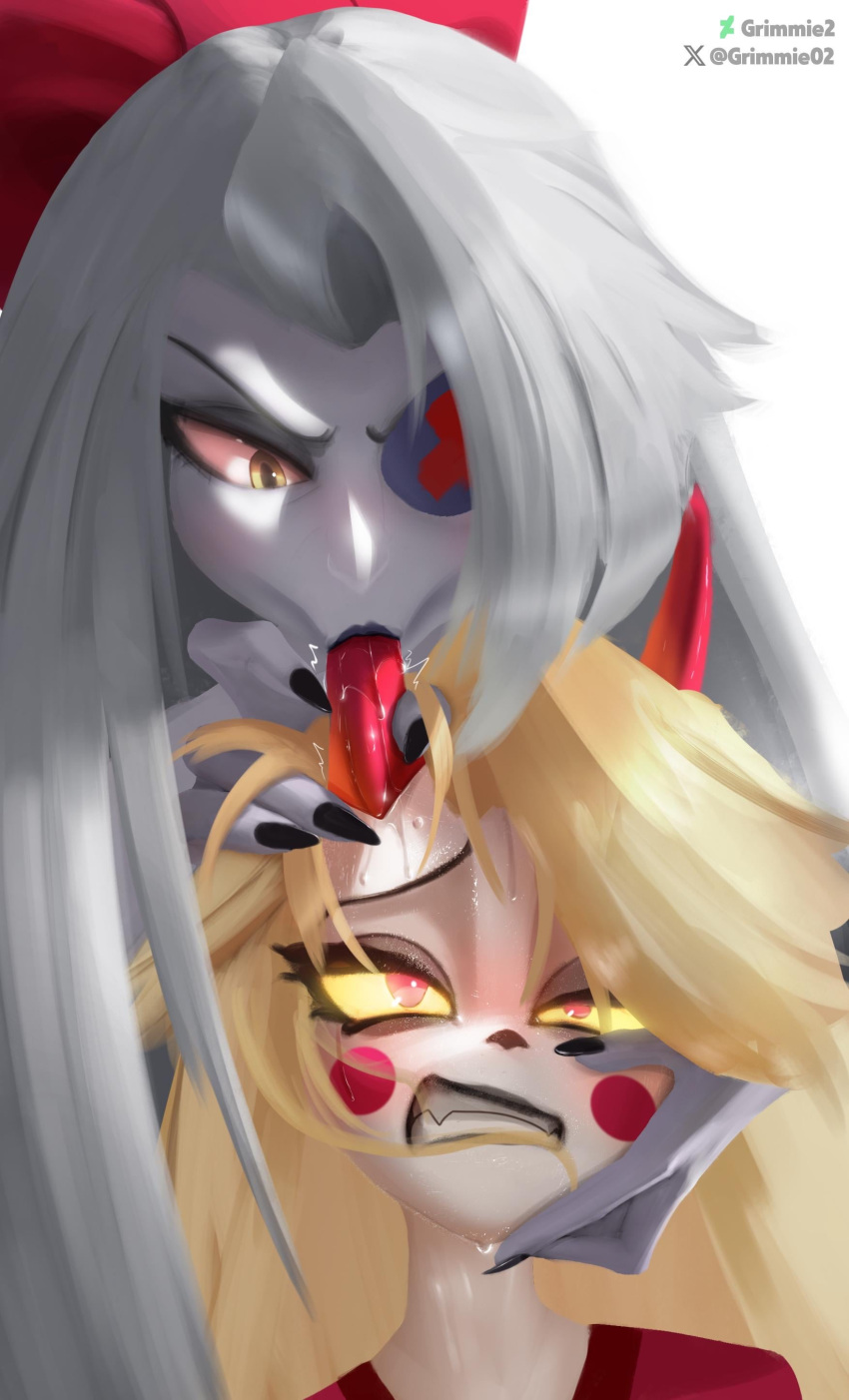 blonde_hair blush_stickers canon_couple charlie_morningstar_(hazbin_hotel) demon_girl eyepatch fangs fetish grey_skin grimmie2 hazbin_hotel horn_in_mouth horn_suck horns looking_pleasured oral sucking vaggie_(hazbin_hotel) yuri