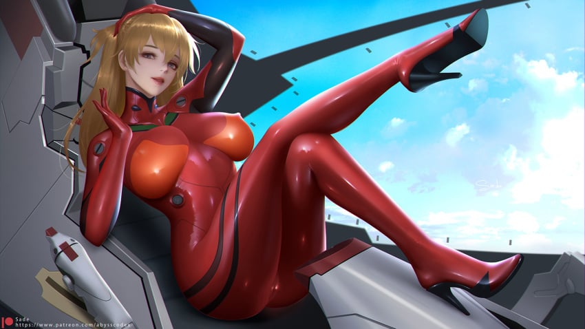 alternate_breast_size asuka_langley_sohryu blue_eyes blue_sky bodysuit breasts breasts_apart chinese_commentary cloud cloudy_sky cockpit commentary_request covered_nipples crossed_legs day entry_plug female fully_clothed high_heels impossible_bodysuit impossible_clothes indoors large_breasts latex latex_bodysuit long_hair looking_at_viewer neon_genesis_evangelion orange_hair parted_lips pilot_suit plugsuit realistic red_bodysuit sade_abyss science_fiction shiny_clothes sitting skin_tight sky solo tight_clothing