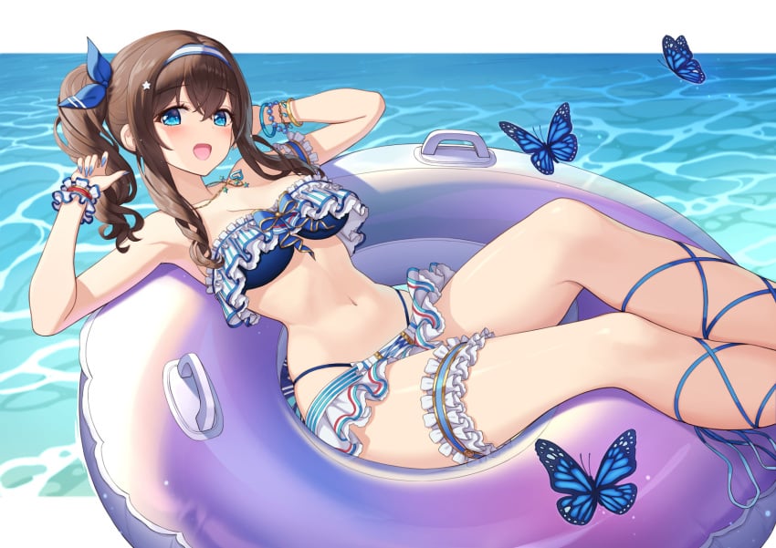 arm_strap armband arms_behind_head bare_shoulders bikini black_hair blue_eyes blush breasts bridal_garter bug buoy butterfly female female_only frilled_armband frilled_bikini frills fully_clothed hair_between_eyes hair_ribbon hamahama highres idolmaster idolmaster_cinderella_girls idolmaster_cinderella_girls_starlight_stage insects jewelry long_hair looking_at_viewer medium_breasts navel necklace ocean open_mouth revealing_clothes ribbon sagisawa_fumika smile solo swimsuit thigh_strap thighs thong thong_bikini