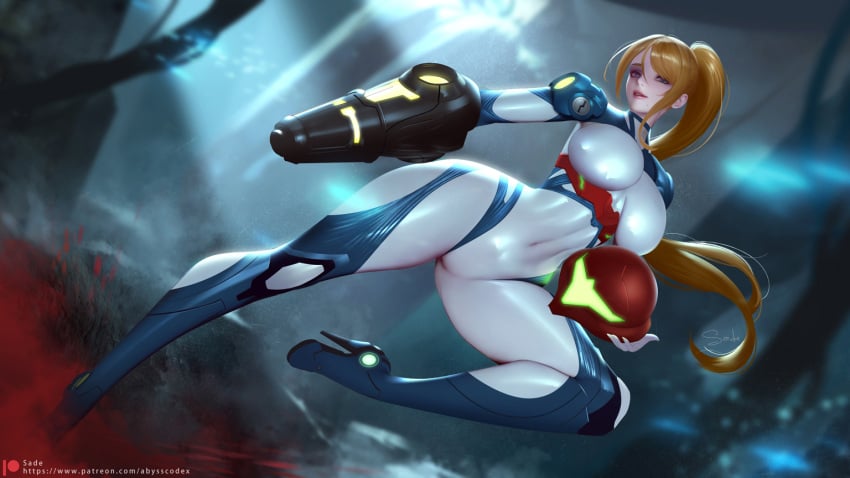 adapted_costume arm_cannon armored_bodysuit ballet_boots blonde_hair blood blue_eyes bodysuit breasts covered_navel curvy female female_only fully_clothed helmet high_heels holding holding_helmet impossible_bodysuit impossible_clothes large_breasts latex latex_bodysuit long_hair looking_at_viewer metroid metroid_dread mole mole_under_mouth ponytail power_suit power_suit_(metroid) sade_abyss samus_aran shiny_clothes signature solo stiletto_heels thick_thighs thighs tight_clothing unworn_headwear unworn_helmet very_high_heels weapon