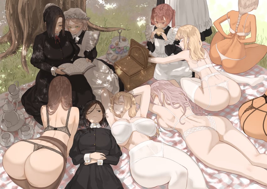 11girls all_fours big_breasts breasts huge_breasts laying_down laying_on_back laying_on_stomach lingerie maid maid_apron maid_headdress maid_outfit maid_uniform massive_breasts sideboob sleeping throtem underboob