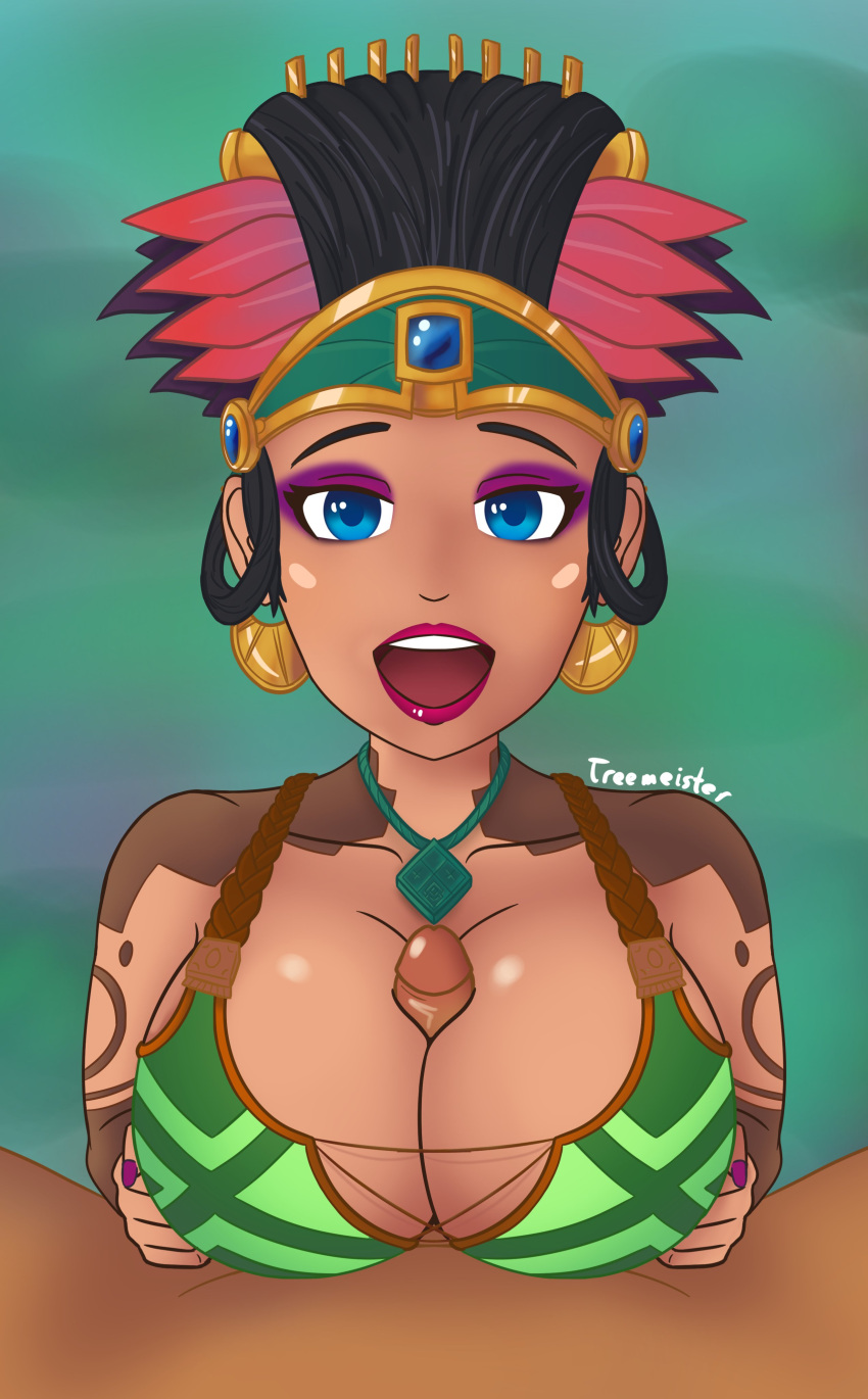 1boy 1girls awilix_(smite) big_breasts black_hair dark-skinned_male dark_skin deity goddess interracial mayan_mythology mesoamerican_mythology mythology paizuri pov public_domain smite tan-skinned_female tan_skin treemeister