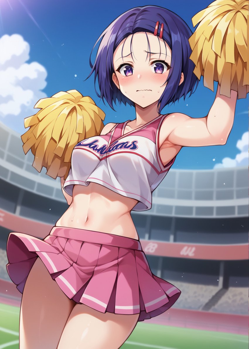 ai_generated arena bare_midriff blue_hair blurred_background cheerleader cheerleader_uniform cheerleading_pose clothed_female clothing colosseum dark_blue_hair day depth_of_field grass hair hair_clips hair_ornament hairclip hairclips human indigo_hair jumping kawaii_waifus legs medium_hair midriff navel nervous outside patreon pink_clothing pink_hair_ornament pink_hairclip pink_skirt pink_uniform pleated_skirt pom_poms preview purple_eyes sairenji_haruna shy skirt sky_background sleeveless_shirt slender_waist solo standing sweat tears thighs to_love-ru upskirt wavy_mouth yellow_pom_poms