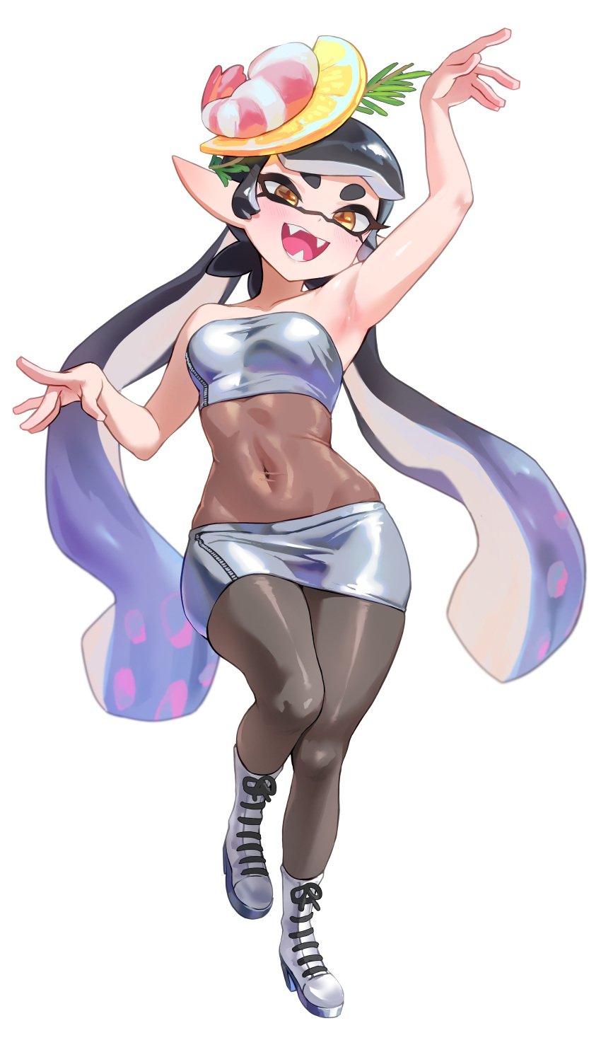 1girls alternate_costume arm_up armpits black_hair breasts callie_(splatoon) callie_(summer_nights) female full_body hi_res inkling jtveemo light-skinned_female light_skin long_hair medium_breasts nintendo official_alternate_costume skirt solo splatfest splatoon splatoon_(series) summer_nights_splatfest tentacle_hair