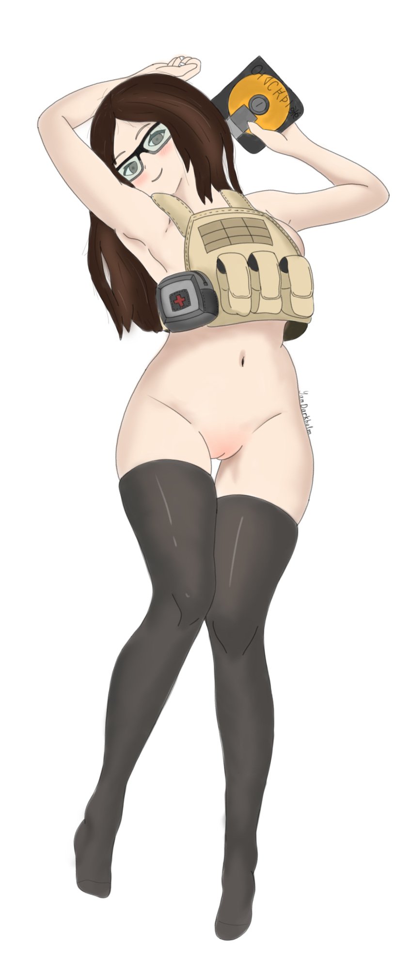 1girls arena_breakout armored_vest brown_eyes brown_hair chest_rig dark_hair female glasses hecate_(arena_breakout) holding_object medkit military presenting pussy smile smiling stockings