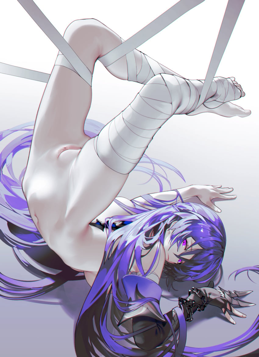 1girls acheron_(honkai:_star_rail) bandage bandaged_leg bandages barefoot censored chains detached_sleeves female gloves gradient_background grey_background highres honkai:_star_rail honkai_(series) iumu long_hair looking_at_viewer mechanical_spine mosaic_censoring navel nude partially_fingerless_gloves purple_eyes purple_hair pussy sidelocks single_detached_sleeve suspension thighs very_long_hair