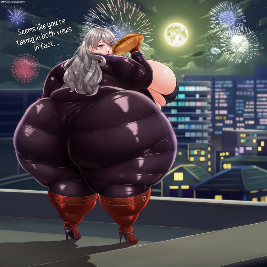 13_sentinels:_aegis_rim 1girls 2023 bbw big_ass big_breasts breasts chihiro_morimura detailed_background dialogue double_chin educabezon english_text fat_arms fat_female fat_fetish fat_thighs fat_woman fireworks food gigantic_ass heel_boots heels huge_breasts latex_suit light-skinned_female light_skin long_hair morbidly_obese morbidly_obese_female new_year obese obese_female overweight overweight_female silver_eyes silver_hair ssbbw thick_thighs thighs tight_clothing ussbbw weight_gain wide_hips