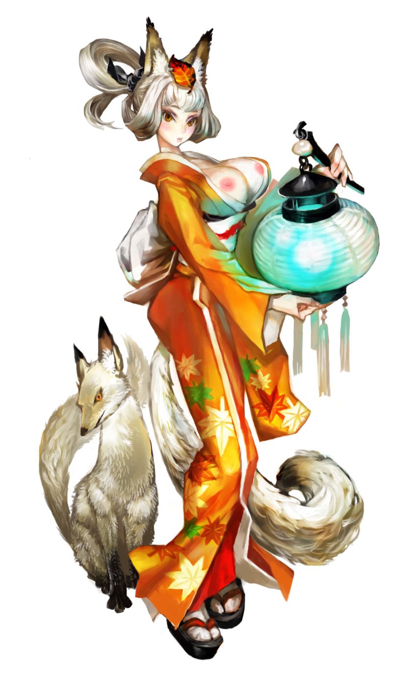 animal_ear areolae big_breasts breasts breasts_out erect_nipples fox_ear highres kimono kitsune kongiku large_breasts looking_at_viewer muramasa_the_demon_blade nipples open_clothes tail white_fur white_hair