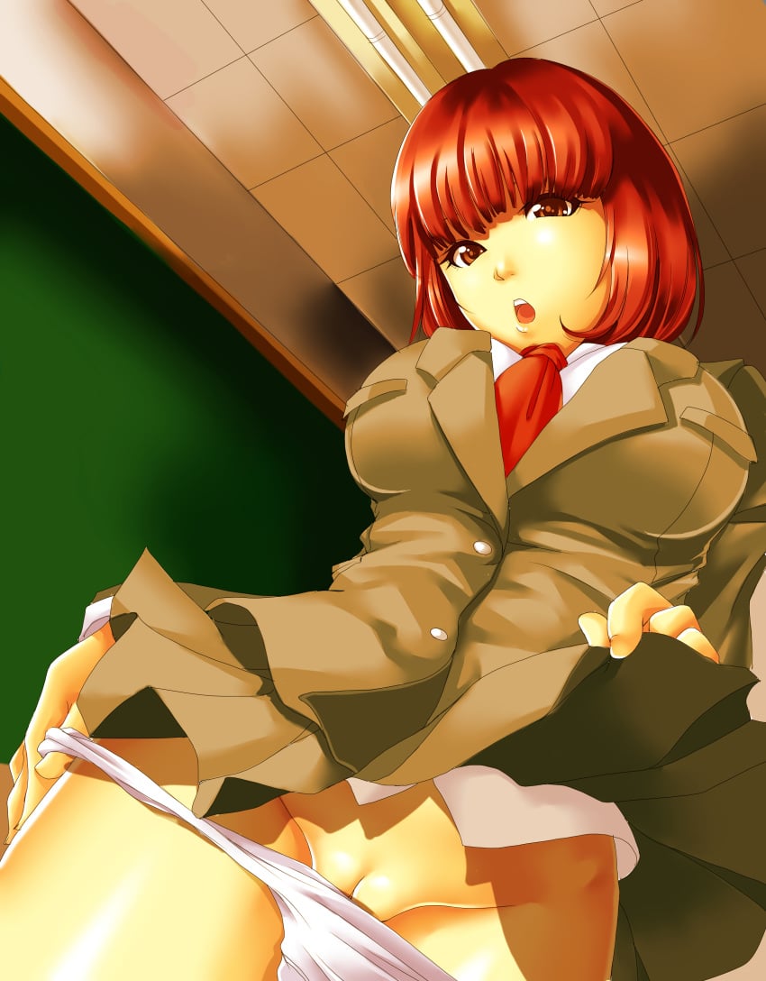 1girls blazer bob_cut from_below highres original panties panty_pull partially_exposed_vulva partially_visible_vulva pleasure-treasure pussy pussy_peek red_eyes red_hair school_uniform skirt skirt_lift solo uncensored underwear upskirt white_panties