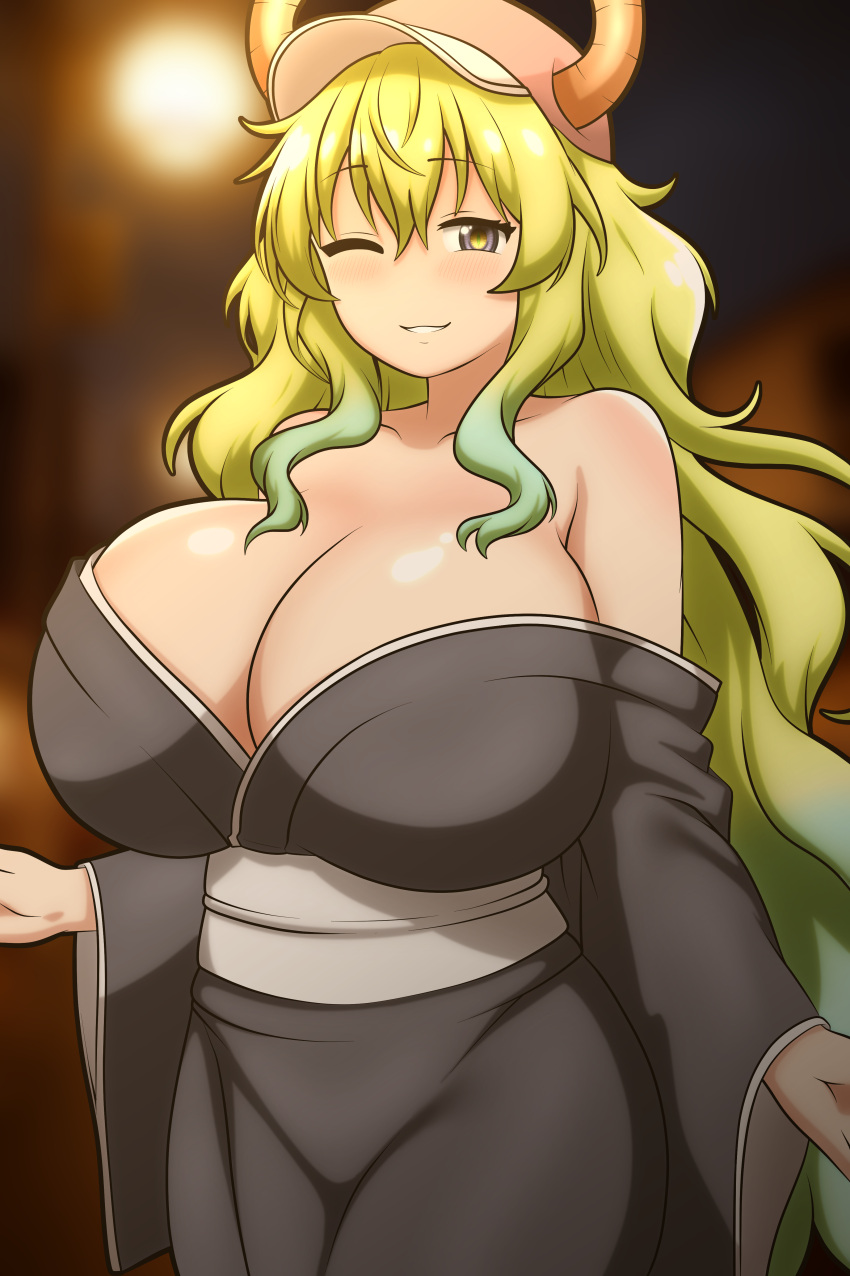 1girls big_breasts blush breasts cleavage clothing cyrano_(pixiv) female female_only green_hair hair hat headwear horns huge_breasts kimono large_breasts long_hair mature mature_female mature_woman miss_kobayashi's_dragon_maid one_eye_closed quetzalcoatl_(dragon_maid) smile solo solo_female two_tone_hair wink winking yellow_eyes