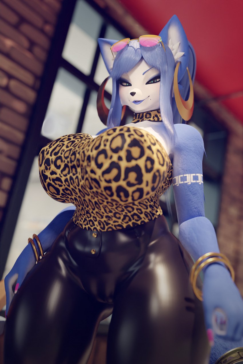 2023 2:3 3d_(artwork) accessory alternate_version_at_source animal_print anthro arm_markings big_breasts biped blue_body blue_eyes blue_fur blue_hair blue_lipstick blurred_background bottomwear bracelet breast_focus breasts camel_toe canid canine choker clothed clothing curvy_figure digital_media_(artwork) dogzeela ear_piercing ear_ring eyeshadow eyewear eyewear_on_head female fox front_view fully_clothed fur fur_markings furgonomics glasses glasses_on_head glistening glistening_body gold_(metal) gold_jewelry hair hi_res hoop_ear_ring huge_breasts inner_ear_fluff inside jewelry krystal krystal_(dogzeela) leather leather_bottomwear leather_clothing leather_pants leopard_print lipstick looking_at_viewer looking_down looking_down_at_viewer low-angle_view makeup mammal markings mascara multicolored_body multicolored_fur necklace nintendo pants piercing portrait ring ring_piercing soft_focus solo star_fox strapless_clothing sunglasses sunglasses_on_head tail tail_accessory tail_jewelry tail_ring thick_thighs three-quarter_portrait tight_clothing tribal tribal_markings tuft two_tone_body two_tone_fur voluptuous white_body white_fur