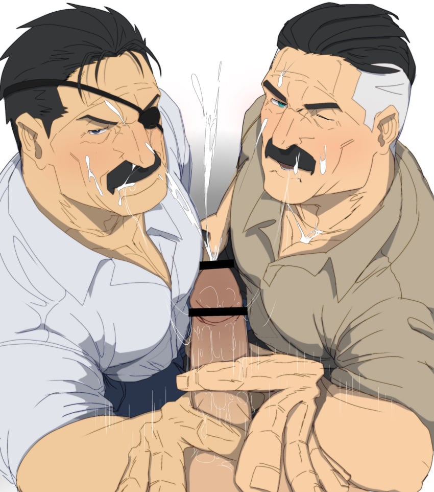 3boys a_sumerian0112 balls bara boner crossover cum cum_on_face erection eyepatch facial_hair fullmetal_alchemist gay handjob invincible king_bradley male male_focus male_only mature mature_male moustache multiple_boys muscles muscular nolan_grayson omni-man one_eye_closed orgasm penis shumeru_hito_(a_sumerian0112)