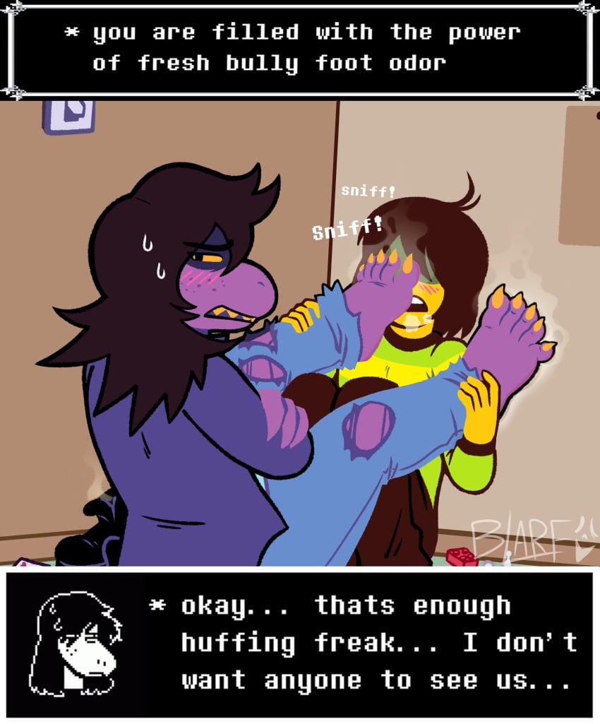 barefoot blarf022 deltarune embarrassed feet feet_on_face female foot_fetish foot_sniffing foot_worship furry furry_on_human holding_ankle jeans kris_(deltarune) kris_(light_world_form) musk musk_fetish musky_feet smell smell_fetish smelly smelly_feet susie_(deltarune) susie_(light_world_form) toe_claws undertale_(series) yellow_toe_claws