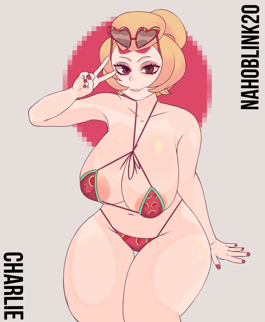 1girls 2023 alternate_version_available areolae ayanamimatoi belly_button big_areola big_breasts bikini bikini_bottom bikini_top blonde_hair brawl_stars breasts busty charlie_(brawl_stars) curvaceous curvy curvy_body curvy_female curvy_figure curvy_hips female female_focus female_only front_view glasses glasses_on_head huge_breasts large_areolae large_breasts light-skinned_female light_skin looking_at_viewer makeup nail_polish navel red_bikini red_nails shiny shiny_skin sitting smile solo solo_female solo_focus spanish_text sunglasses sunglasses_on_head supercell teeth text thick_thighs v_sign voluptuous voluptuous_female wide_hips