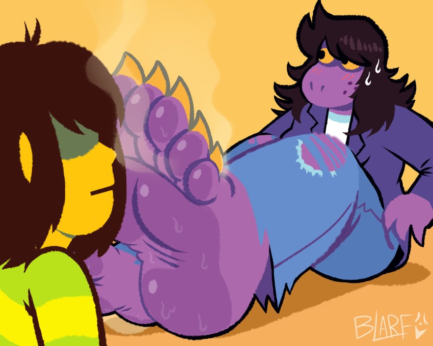 1girls ambiguous_gender barefoot blarf022 blush claws deltarune embarrassed feet foot_fetish foot_focus foot_sniffing furry furry_on_human jeans kris_(deltarune) kris_(light_world_form) musk musky_feet purple_skin smell smelly_feet soles steam susie_(deltarune) susie_(light_world_form) sweat sweaty_feet toe_claws undertale_(series) yellow_toe_claws