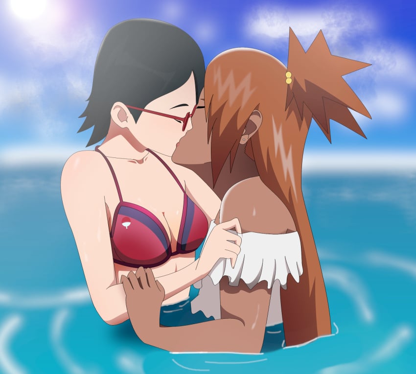 2girls akimichi_chouchou bare_shoulders beach bikini bikini_top black_hair blouse blue_sky blush boruto:_naruto_next_generations breasts brown_hair cleavage closed_eyes dark-skinned_female female female/female female_only glasses implied_sex in_water interracial interracial_yuri kissing light-skinned_female long_hair multiple_girls naruto naruto_(series) ocean optimystic partially_submerged sarada_uchiha short_hair sunlight swimsuit uchiha_symbol upper_body very_long_hair water yuri