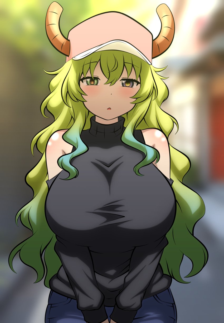 1girls big_breasts black_sclera black_sweater bottomwear breasts clothing cyrano_(pixiv) female female_only green_hair green_sclera hair hat headwear heterochromia horns huge_breasts large_breasts long_hair looking_at_viewer mature mature_female mature_woman miss_kobayashi's_dragon_maid orange_eyes quetzalcoatl_(dragon_maid) solo solo_female sweater topwear two_tone_hair yellow_eyes