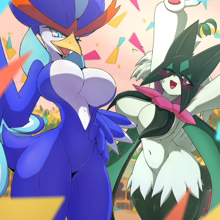 2girls avian beak big_breasts blue_body blue_eyes blue_feathers blush breasts cape duo ebino_senaka feathers felid feline female female_only fur generation_9_pokemon green_body green_fur mammal mask meowscarada multiple_girls navel nintendo one_eye_closed pokemon pokemon_(species) pokemon_sv quaquaval white_body