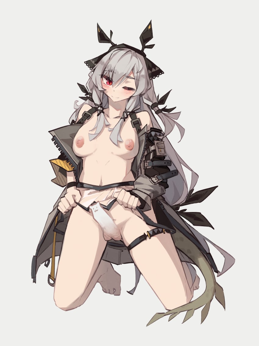 1futa absurdres areolae arknights balls bare_shoulders barefoot blush breasts censored closed_mouth clothed clothing commentary english_commentary erection full_body futa_only futanari grey_background grey_hair grey_jacket highres human jacket kneeling light-skinned_futanari light_skin long_hair long_sleeves looking_at_viewer medium_breasts mostly_nude navel nipples novelty_censor one_eye_closed open_clothes open_jacket penis red_eyes see-through simple_background solo tail togekk0 weedy_(arknights)