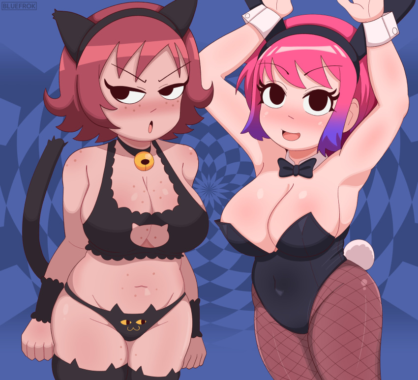 2girls angry angry_face ass big_ass big_breasts big_thighs bluefrok blush breasts bunny_ears bunny_tail bunnysuit cat_ears cat_girl cat_tail catgirl catsuit curvaceous feline female female_only huge_ass huge_breasts huge_thighs kim_pine multiple_girls pink_hair ramona_flowers red_hair scott_pilgrim short_hair tagme thick_hips thick_thighs thighhighs thighs