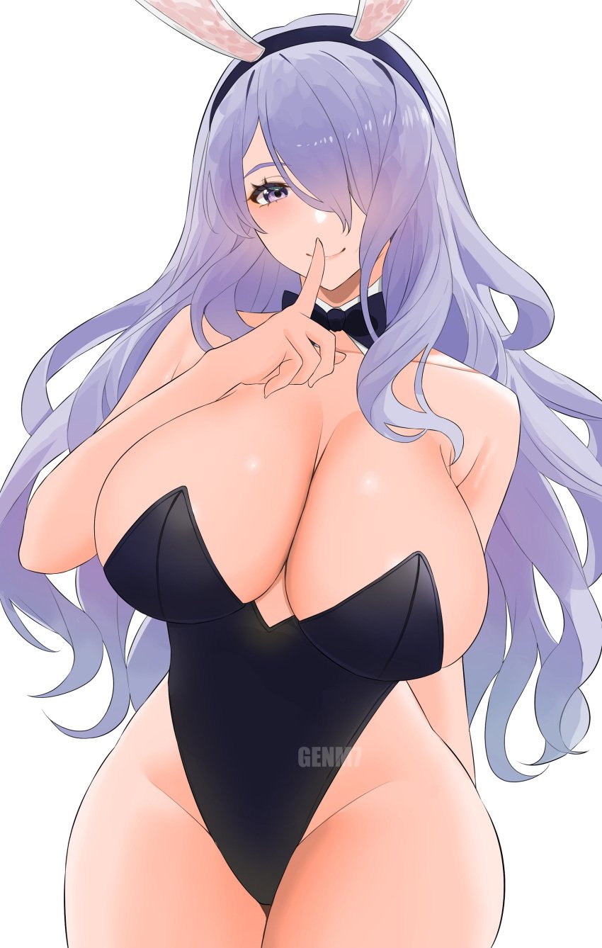 1girls alternate_breast_size alternate_costume breasts bunny_ears bunny_girl bunnysuit camilla_(fire_emblem) cleavage female finger_to_mouth fire_emblem fire_emblem_fates genm7 hair_over_one_eye highleg_leotard highres huge_breasts leotard light-skinned_female light_skin long_hair nintendo purple_eyes purple_hair thick_thighs wide_hips