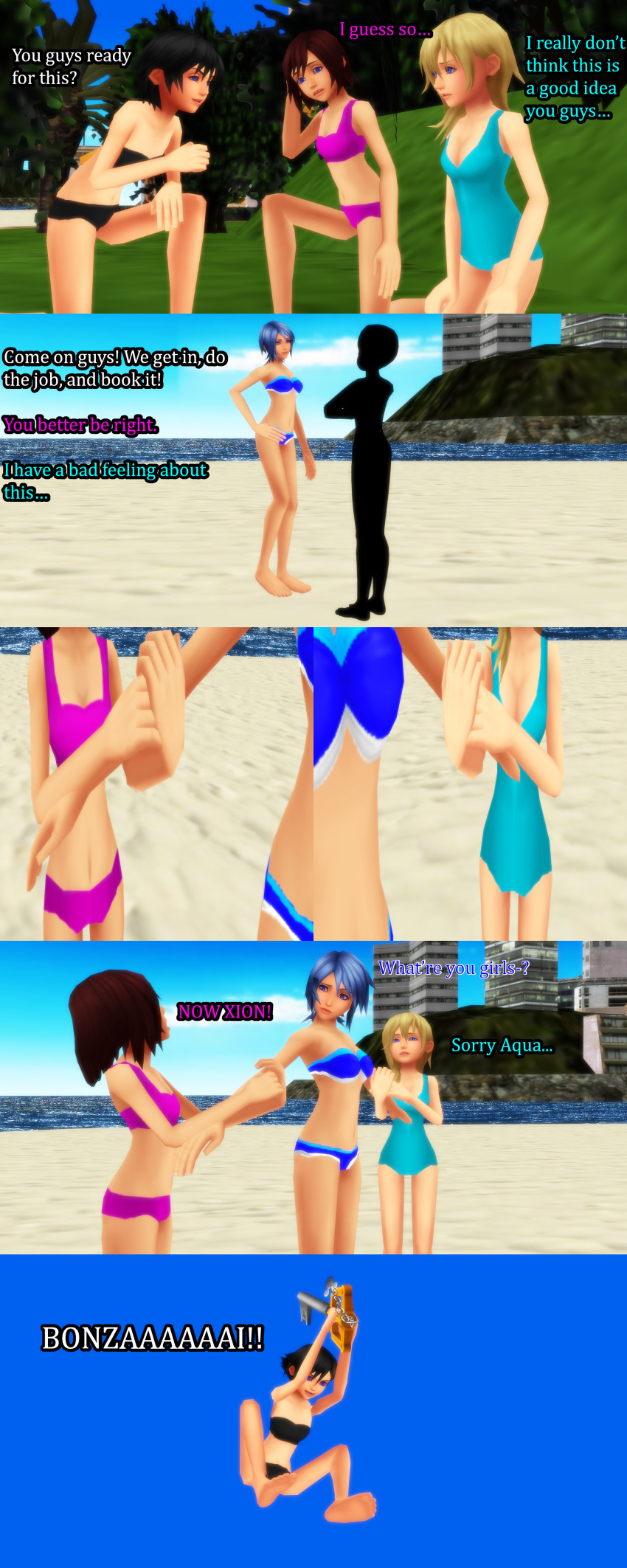 4girls aqua_(kingdom_hearts) bathing_suit beach comic dialogue jjj6 kairi kingdom_hearts namine nobody_(kingdom_hearts) xion