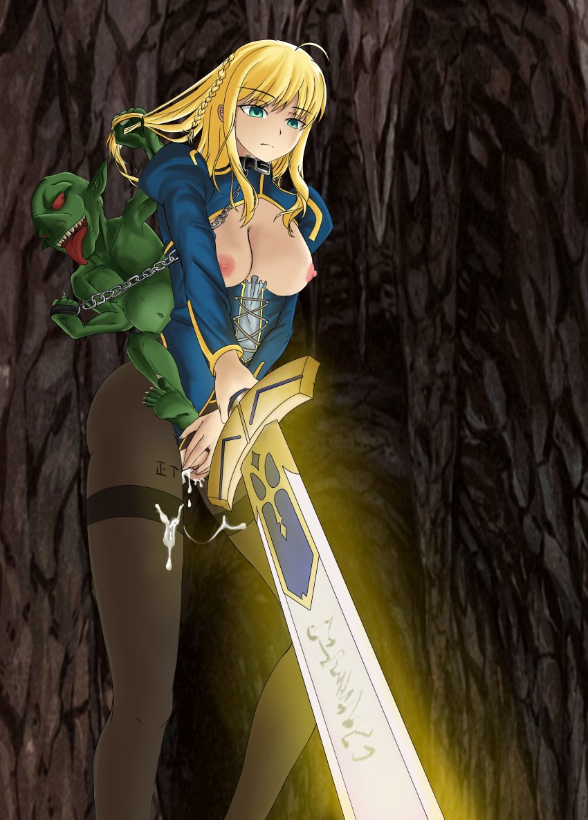 artoria artoria_pendragon artoria_pendragon_(fate) blonde_hair collar defeat defeated defeated_heroine fate/grand_order fate_(series) female goblin goblin_male saber sex_slave slave sole_female sword