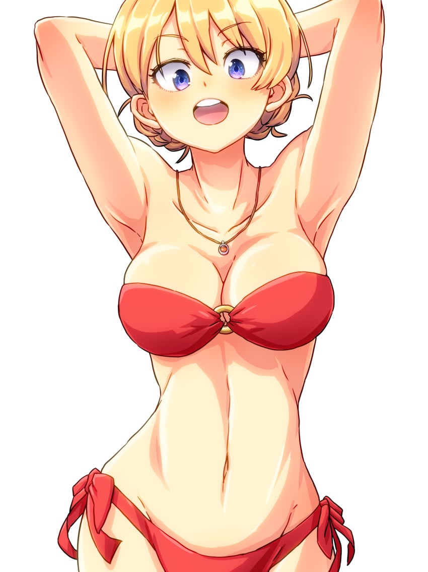 1girls 2023 aono3 armpits arms_up belly belly_button blonde_hair blue_eyes breasts collarbone darjeeling eyebrows_visible_through_hair girls_und_panzer looking_at_viewer open_mouth purple_eyes solo solo_focus swimsuit tongue white_background