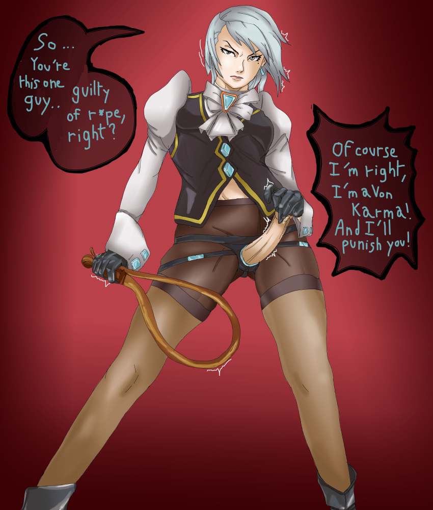 1girls angry angry_face clothed clothing english_text female female_only femdom green_eyes grey_hair gyakuten_saiban heels huge_cock human human_only karuma_mei lawyer lawyerthug malesub punishment rape solo strap-on strap-on_over_clothes text thighhighs whip