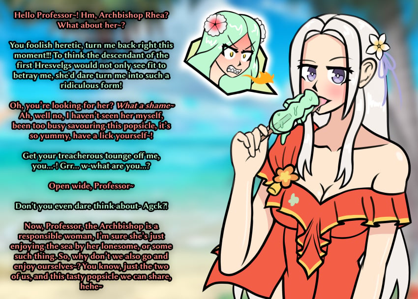 2girls alternate_costume angry artist_request beach byleth_(fire_emblem) edelgard_von_hresvelg edelgard_von_hresvelg_(summer) english_text female female_only fire_breathing fire_emblem fire_emblem:_three_houses flower_in_hair food_transformation green_eyes green_hair inanimate_transformation licking licking_popsicle multiple_girls nintendo noelle-and-hannah official_alternate_costume out_of_frame popsicle purple_eyes red_one-piece_swimsuit red_swimsuit rhea_(fire_emblem) rhea_(summer)_(fire_emblem) silly text transformation white_hair yuri