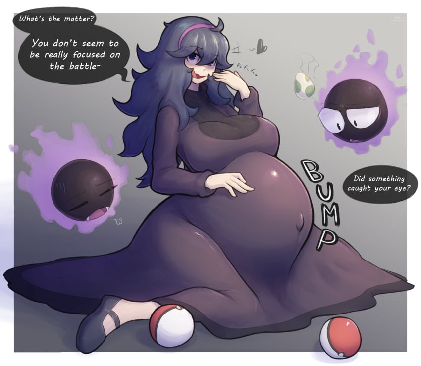 1girls arawaffle belly big_breasts big_eyes dark_hair gastly hex_maniac huge_belly long_hair pokemon pregnant pregnant_female text text_bubble tight_clothes tight_clothing tight_dress