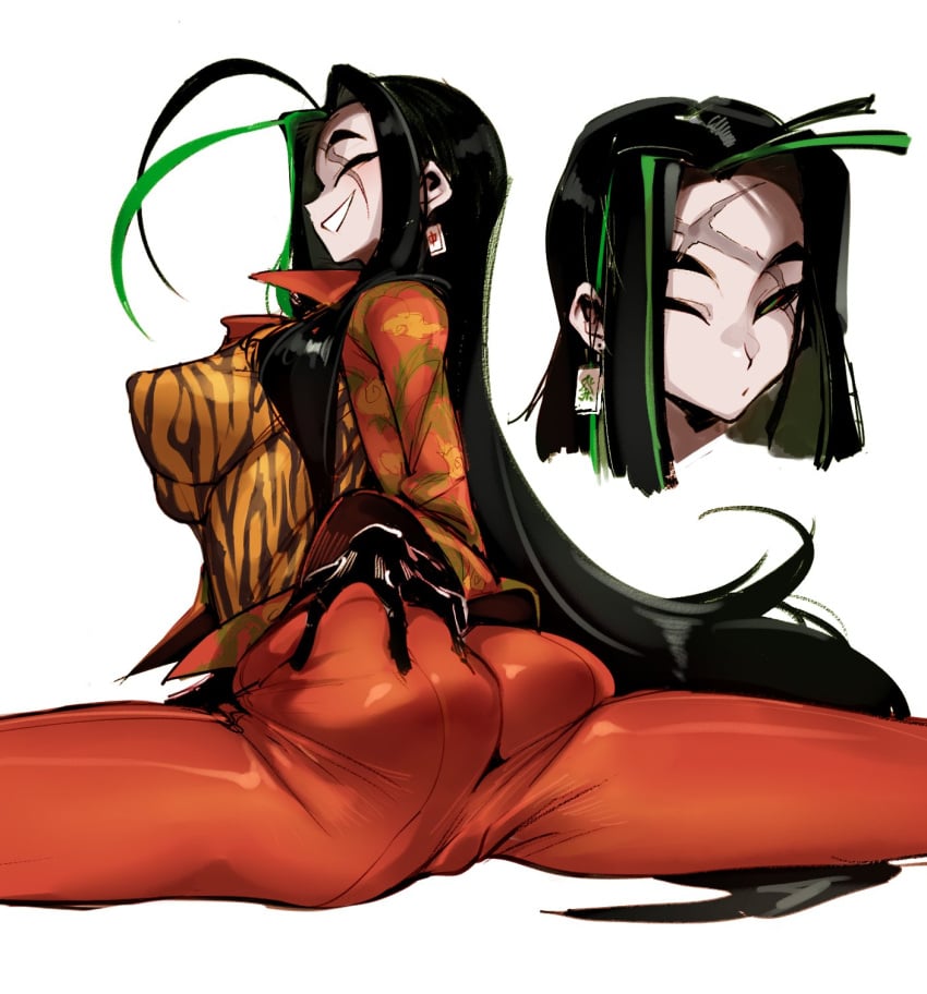 back_view black_hair closed_eyes clothing doppel earrings female green_highlights medium_breasts nipple_bulge scar scar_across_eye scar_on_face solo solo_female tiger_print tight_clothing two_tone_hair unusual_pupils yakuza_girl