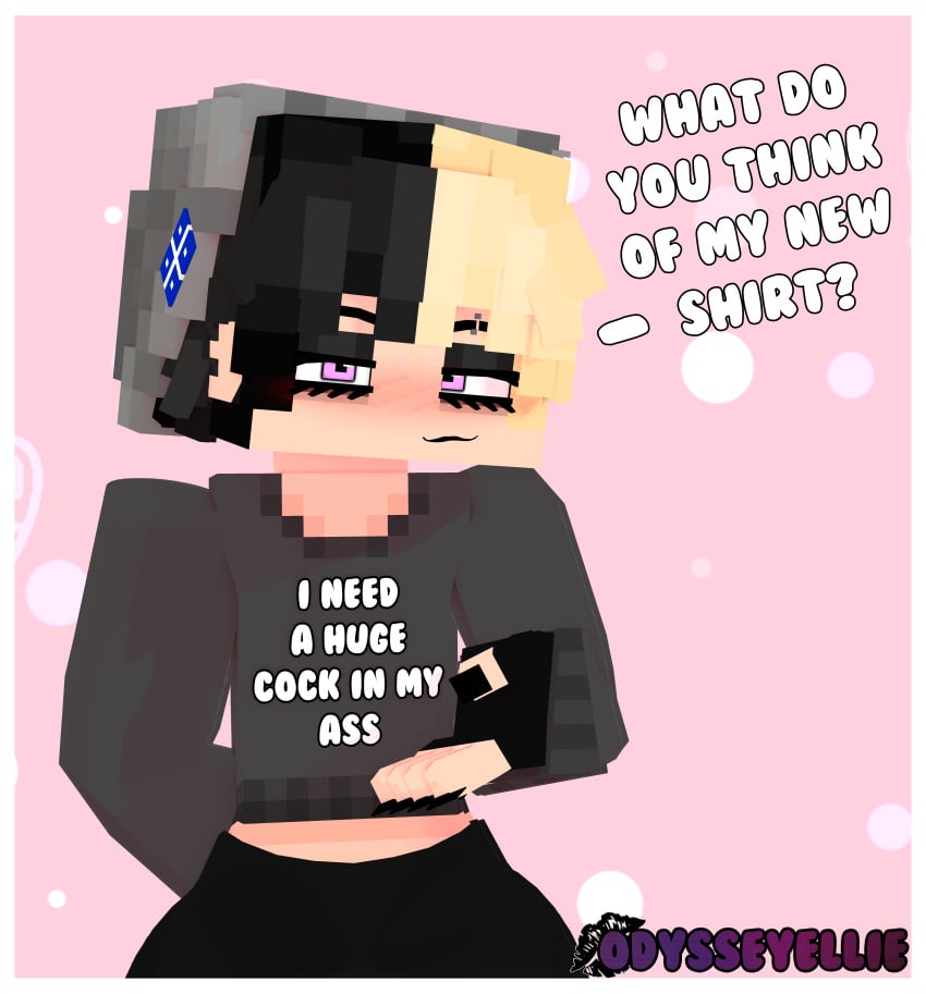 1boy 3d dialogue elliot_grimes_(odysseyellie) femboy hat long_sleeves looking_at_viewer male male_only mine-imator minecraft odysseyellie painted_nails pink_eyes shirt showing_off solo talking_to_viewer text text_on_clothing thick_thighs two_tone_hair wide_hips