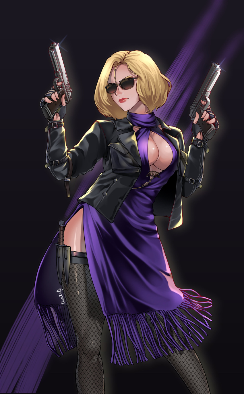 big_breasts blonde blonde_female blonde_hair boob_window breasts brown-tinted_eyewear cleavage dagger death_by_degrees dress female female_only fingerless_gloves fishnet fishnet_legwear fishnets gloves gun knife milf namco nina_williams purple_clothing purple_dress short_hair silf solo sunglasses tekken tekken_1 tekken_2 tekken_3 tekken_4 tekken_5_dark_resurrection tekken_6_bloodline_rebellion tekken_7 tekken_8 tekken_blood_vengeance tekken_bloodline tekken_tag_tournament tekken_tag_tournament_2 tekken_the_motion_picture thotlerrr tinted_eyewear treartz weapon